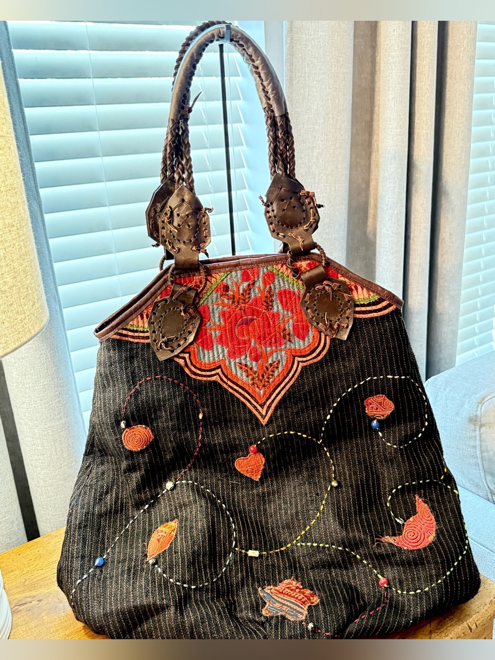Fredd + Basha Large Boho Embroidered Tote Bag Braided Leather Handles